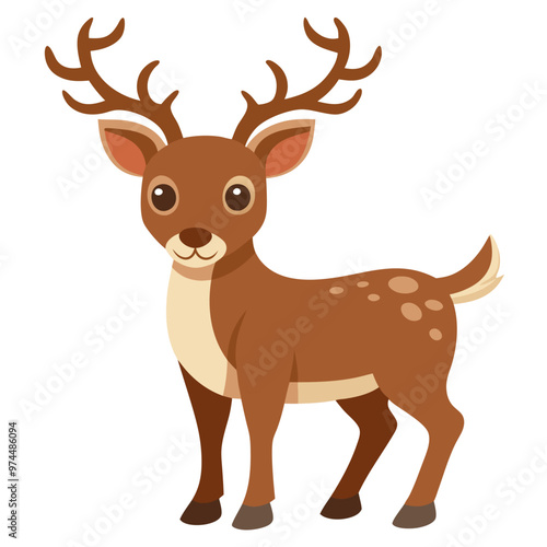 A colorful cartoon deer with antlers stands on a white background