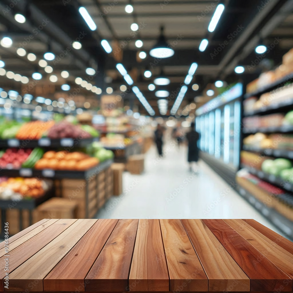Wooden Tabletop in Front of Blurred Supermarket Aisle - Retail Store Shelf Background with blur background Wooden Tabletop in Front of Blurred Supermarket Aisle - Retail Store Shelf Background with blur background