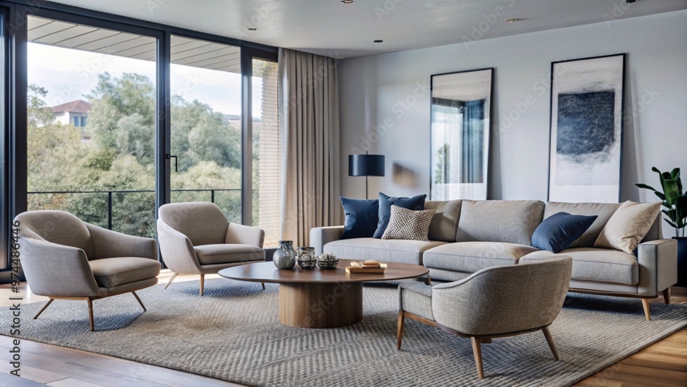 Boucle lounge chairs and sofa in classic room. Minimalist interior design of modern living room.
Boucle lounge chairs and sofa in classic room. Minimalist interior design of modern living room.