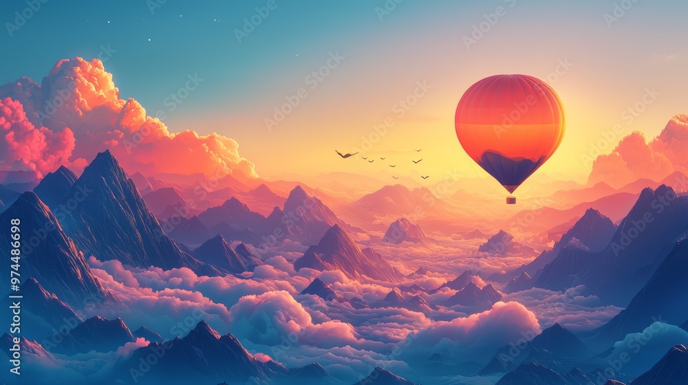 Fototapeta premium Hot Air Balloon Over Majestic Mountain Range at Sunset