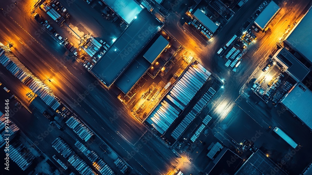 Naklejka premium Aerial view of a busy container yard filled with colorful shipping containers at night illuminated by artificial lights