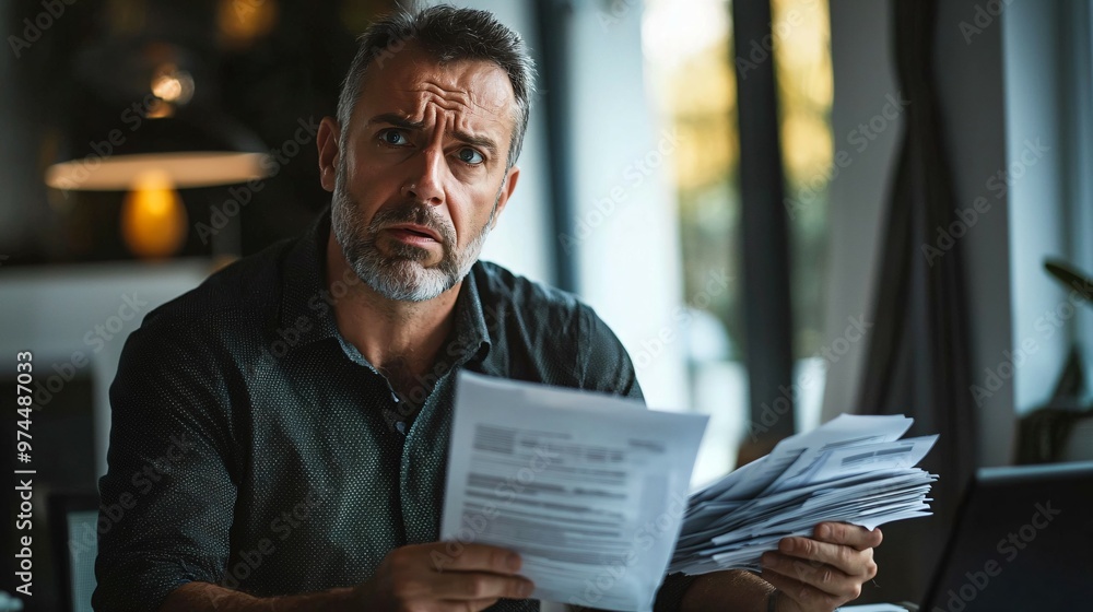 Man sitting at desk with concerned expression, holding stack of papers symbolizing financial stress and national debt, emphasizing personal and economic challenges. Man sitting at desk with concerned expression, holding stack of papers symbolizing financial stress and national debt, emphasizing personal and economic challenges.