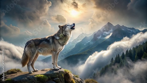 A majestic gray wolf stands alone on a misty mountain ridge, its piercing howl echoing through the wilderness as it lets out a haunting, primal scream. photo