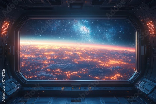 Fototapeta Naklejka Na Ścianę i Meble -  aweinspiring view from a futuristic space station window sleek interior contrasts with the vast expanse of the milky way dotted with countless stars and distant galaxies