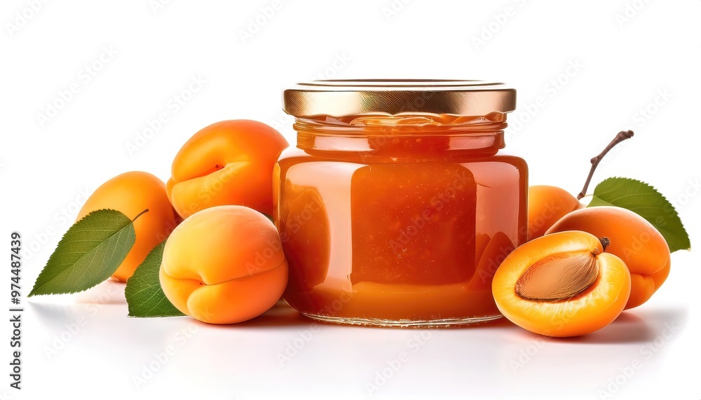 Apricot fruit jam preserves spread or jelly in a glass container. Homemade preservation. Delicious apricots jam or jelly isolated on white background with copy space Apricot fruit jam preserves spread or jelly in a glass container. Homemade preservation. Delicious apricots jam or jelly isolated on white background with copy space