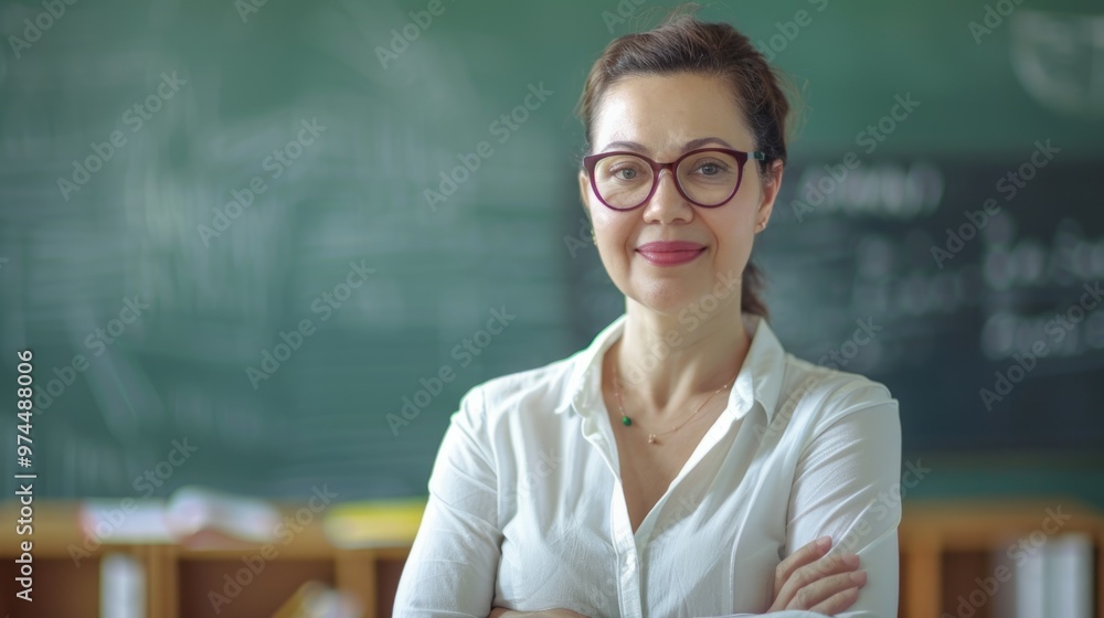 A woman wearing glasses and a white shirt stands in front of a chalkboard A woman wearing glasses and a white shirt stands in front of a chalkboard