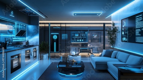 A high-tech home of the future with smart appliances and integrated AI.