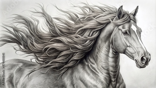 A majestic, powerful, and proud horse, with a flowing mane and gleaming coat, is beautifully rendered in a vibrant, expressive, and detailed pencil drawing. photo