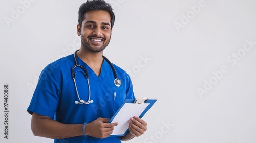 Happy Indian doctor, in blue scrubs, holds a clipboard and stethoscope. photo