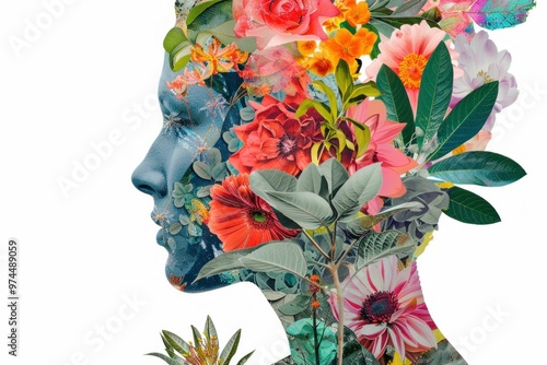 Portrait of a woman s face made of vibrant flowers and plants against a white background photo