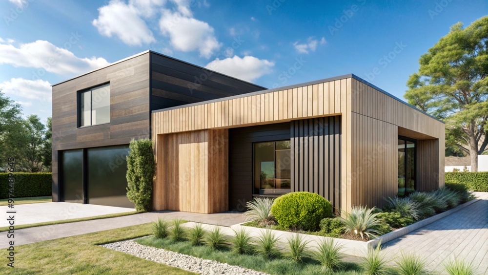 Modern luxury minimalist cubic house, villa with wooden cladding and black panel walls and landscaping design front yard. Residential architecture exterior.
Modern luxury minimalist cubic house, villa with wooden cladding and black panel walls and landscaping design front yard. Residential architecture exterior.