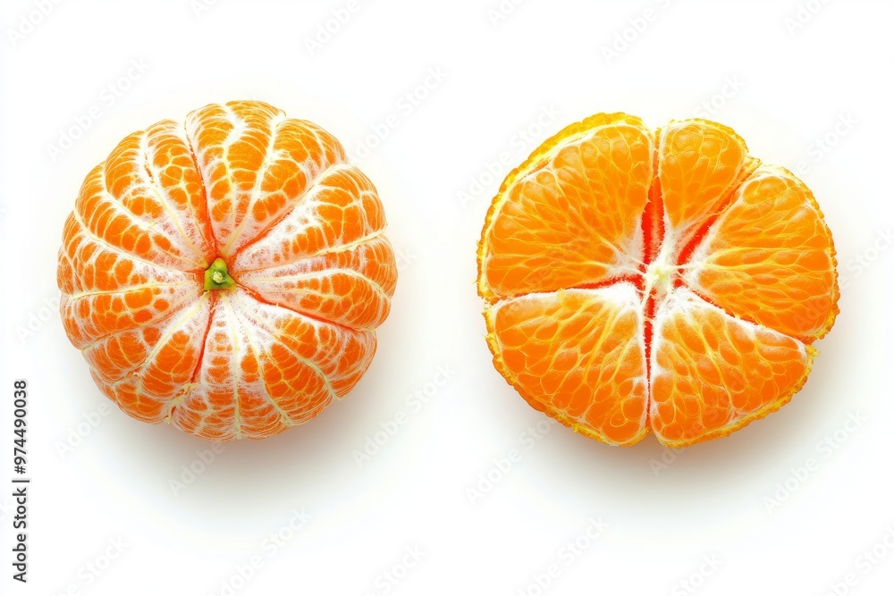 Two whole and half of peeled tangerine, mandarin or clementine isolated on white background Two whole and half of peeled tangerine, mandarin or clementine isolated on white background