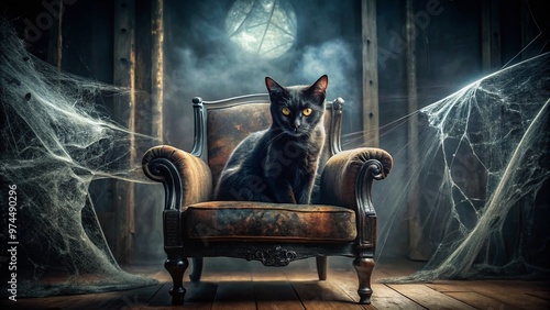 A menacing, glowing-eyed black cat perches ominously on a creepy, old, worn-out armchair, surrounded by cobwebs, casting an eerie, foreboding atmosphere in a dark, dimly lit room. photo