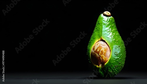 Ripe avocado with green skin and brown tint isolated against a sleek black background photo