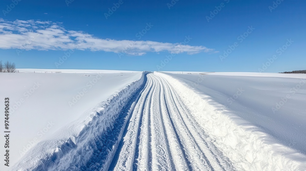 A rural road with fresh snow, tire tracks visible, and a bright blue sky overhead with crisp, clean air A rural road with fresh snow, tire tracks visible, and a bright blue sky overhead with crisp, clean air