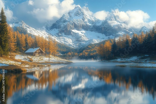 breathtaking alpine landscape with a mirrorlike lake reflecting snowcapped peaks surrounded by mistshrouded pine forests under a dramatic cloudy sky