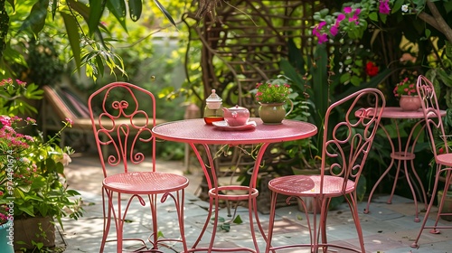 The pink metal table and chairs in the garden the beautiful place for a tea drinking in the open air