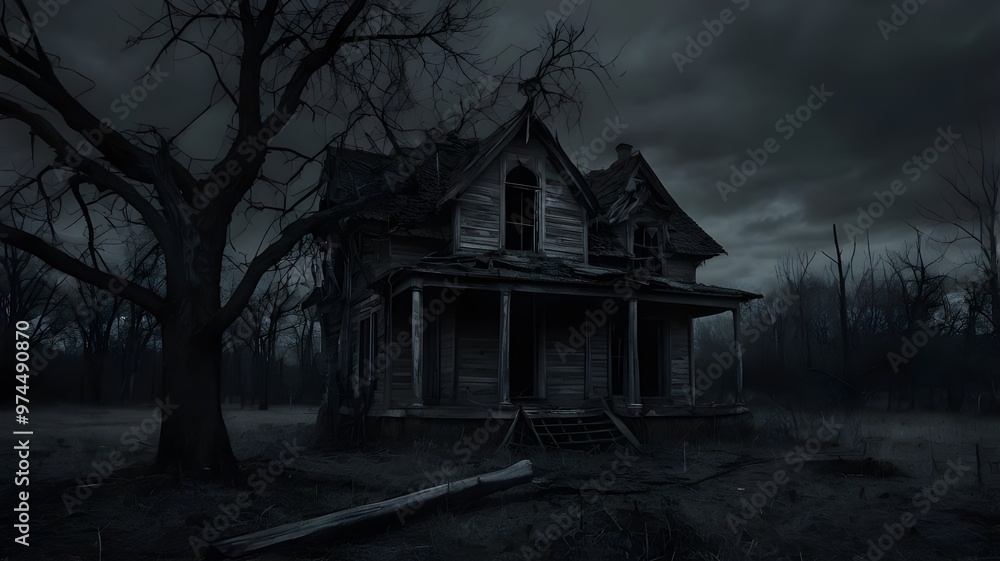 haunted ruined old house in the woods with dead trees haunted ruined old house in the woods with dead trees