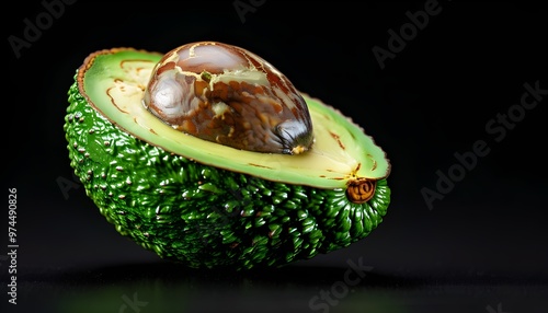 Ripe avocado with green skin and brown tint isolated against a sleek black background photo