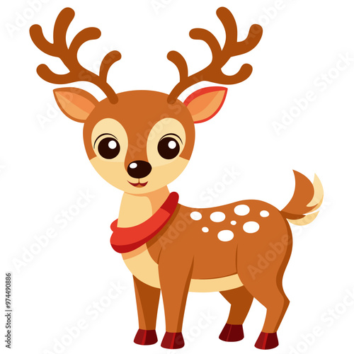 A cute cartoon reindeer wears a bright red scarf around its neck