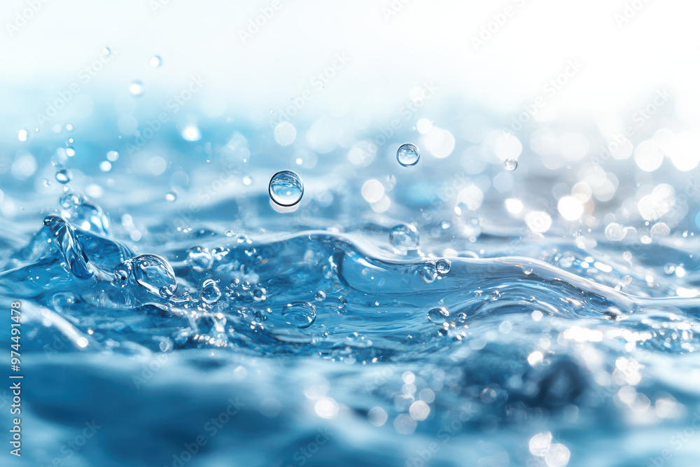 Close-up of crystal-clear water droplets splashing and creating ripples with a soft, bright background, capturing the essence of purity and refreshment. Close-up of crystal-clear water droplets splashing and creating ripples with a soft, bright background, capturing the essence of purity and refreshment.