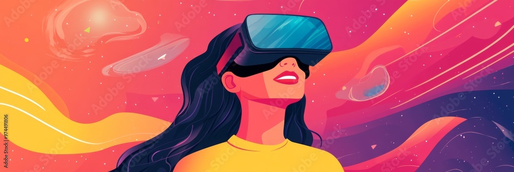 Flat Vector Illustration of a Woman with Virtual Reality Glasses, Creating and Interacting in a Virtual World, Concept of Future Innovations Flat Vector Illustration of a Woman with Virtual Reality Glasses, Creating and Interacting in a Virtual World, Concept of Future Innovations