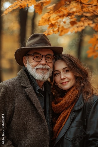an elderly man and woman are walking in an autumn park. Selective focus