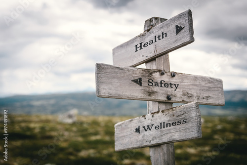 health safety wellness text quote on wooden directional signpost outdoors in nature