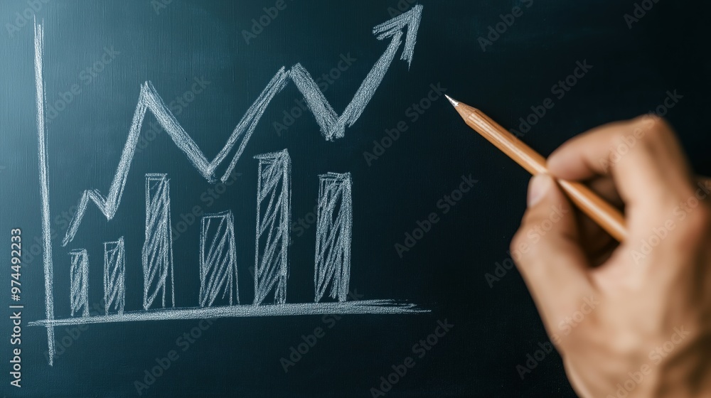 Upward Growth Trend on Chalkboard with Hand Holding Chalk Drawing Business Data Graph Upward Growth Trend on Chalkboard with Hand Holding Chalk Drawing Business Data Graph
