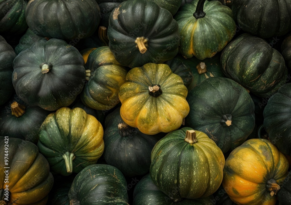 A collection of unique green and yellow pumpkins piled together, showcasing their diverse shapes and textures They rest against a dark background A collection of unique green and yellow pumpkins piled together, showcasing their diverse shapes and textures They rest against a dark background
