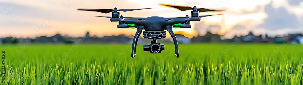 High-tech drone captures stunning aerial views over lush green rice fields at sunset, showcasing agricultural innovation. High-tech drone captures stunning aerial views over lush green rice fields at sunset, showcasing agricultural innovation.
