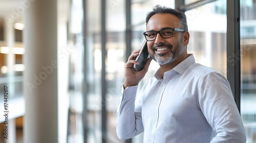 Smiling Businessman Talking on a Cell Phone in an Office Setting