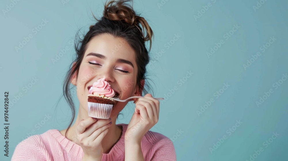 A woman is eating a cupcake with pink frosting A woman is eating a cupcake with pink frosting