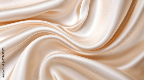 Luxurious, smooth beige satin fabric with intricate folds and a glossy sheen, perfect for backgrounds, textiles, fashion, and interior design themes.