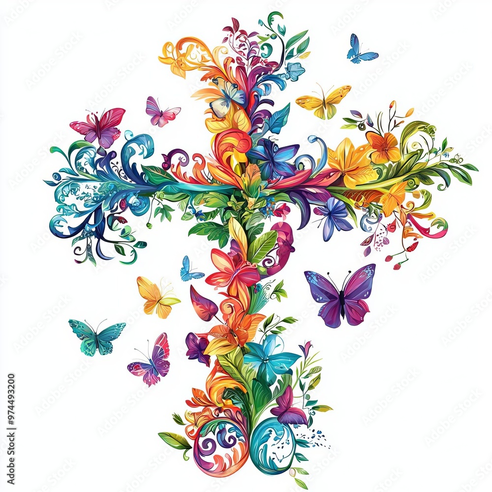 Obraz premium A vibrant cross design adorned with colorful flowers and butterflies, symbolizing hope, beauty, and faith.