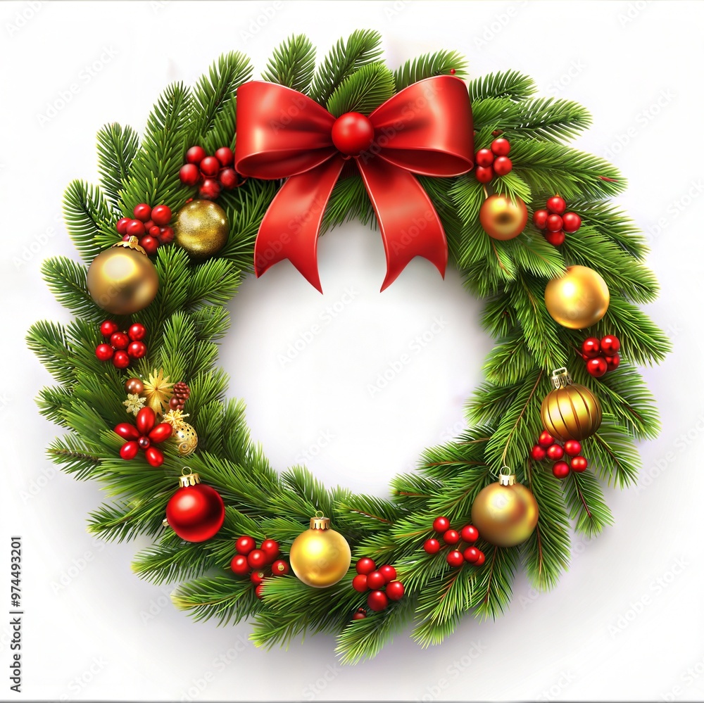 Classic Christmas wreath adorned with red bow and shiny ornaments on white background copy space
Classic Christmas wreath adorned with red bow and shiny ornaments on white background copy space