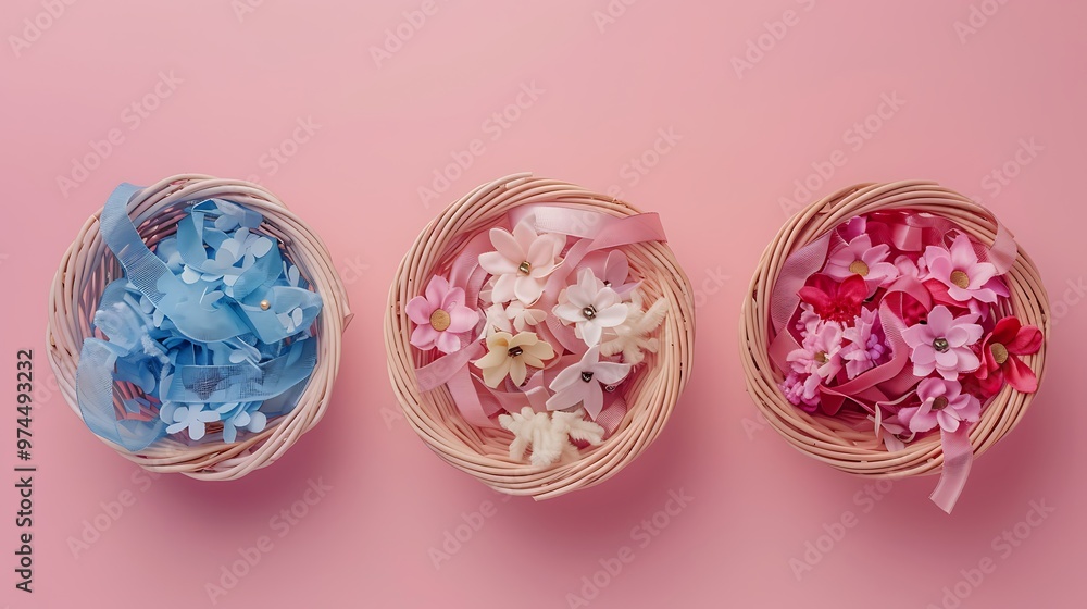 three decorative baskets handmade from ribbons and decorative flowers on pink background three decorative baskets handmade from ribbons and decorative flowers on pink background