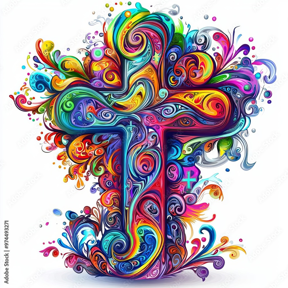 A vibrant, swirling design of a cross filled with colorful patterns, symbolizing spirituality and creativity. A vibrant, swirling design of a cross filled with colorful patterns, symbolizing spirituality and creativity.