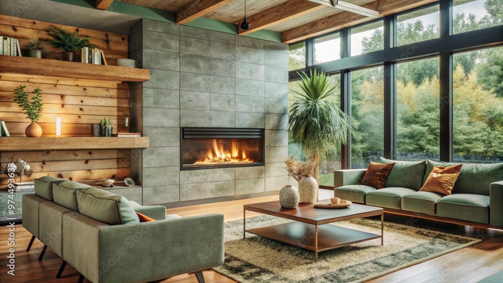 Loft interior design of modern living room, home with concrete wall and fireplace.
Loft interior design of modern living room, home with concrete wall and fireplace.