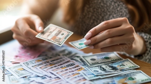 Woman enters money into lottery game. photo