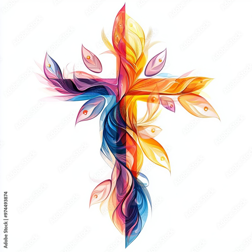 A vibrant and colorful cross design, symbolizing faith and spirituality through abstract leaf patterns and flowing shapes. A vibrant and colorful cross design, symbolizing faith and spirituality through abstract leaf patterns and flowing shapes.