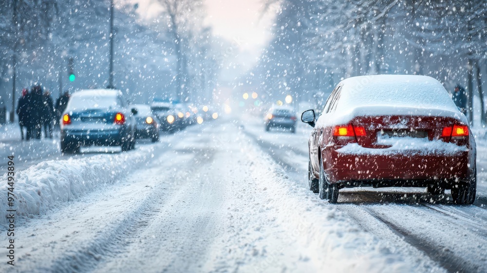 A city street during a heavy snowstorm, with cars covered in snow and people bundled up against the cold wind A city street during a heavy snowstorm, with cars covered in snow and people bundled up against the cold wind