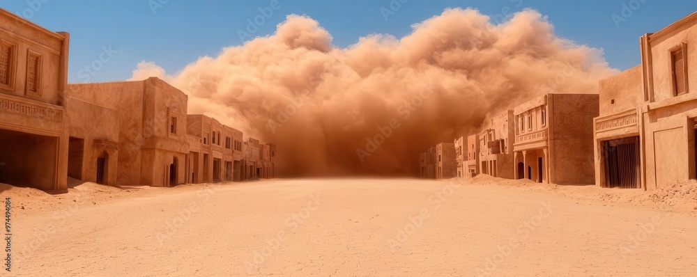 A street in a desert town, with a dust storm approaching in the distance, sand swirling around buildings A street in a desert town, with a dust storm approaching in the distance, sand swirling around buildings