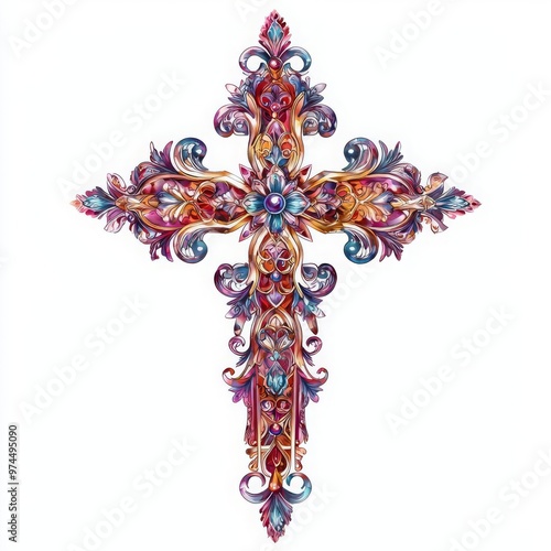 A vibrant and ornate cross design featuring intricate details in various colors, perfect for religious and decorative themes.