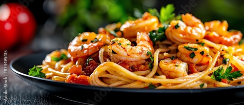 Delicious shrimp pasta garnished with fresh herbs, set against a dark backdrop. Perfect for food lovers and culinary showcases. photo