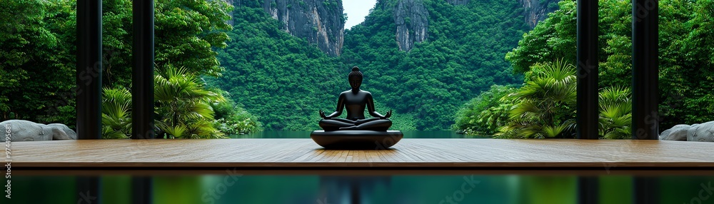 Fototapeta premium Serene landscape featuring a tranquil Buddha statue surrounded by lush greenery and calm waters, perfect for meditation and relaxation.