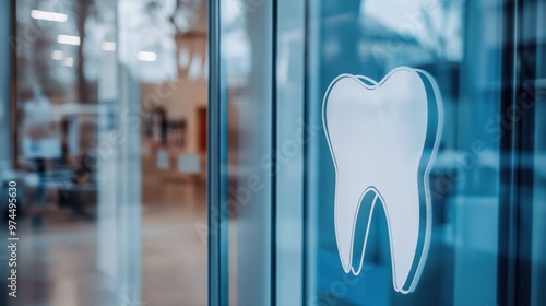 A dental office window displaying a sign about routine dental checkups