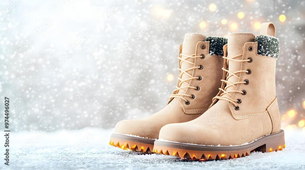 Warm Winter Boots on Snowy Ground with Lights Warm Winter Boots on Snowy Ground with Lights