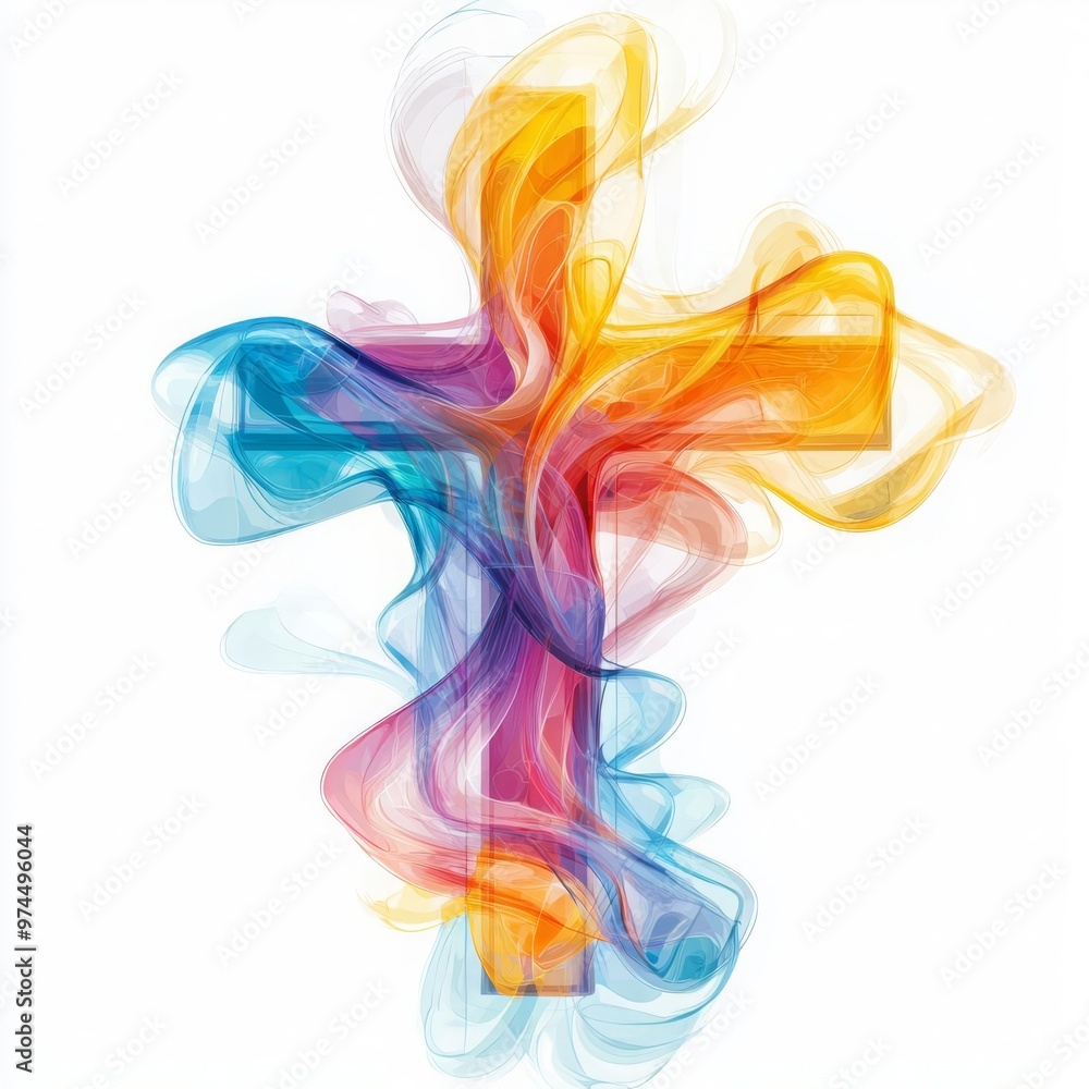 A vibrant cross design created with colorful smoke effects, symbolizing faith, hope, and spirituality in a modern artistic style. A vibrant cross design created with colorful smoke effects, symbolizing faith, hope, and spirituality in a modern artistic style.