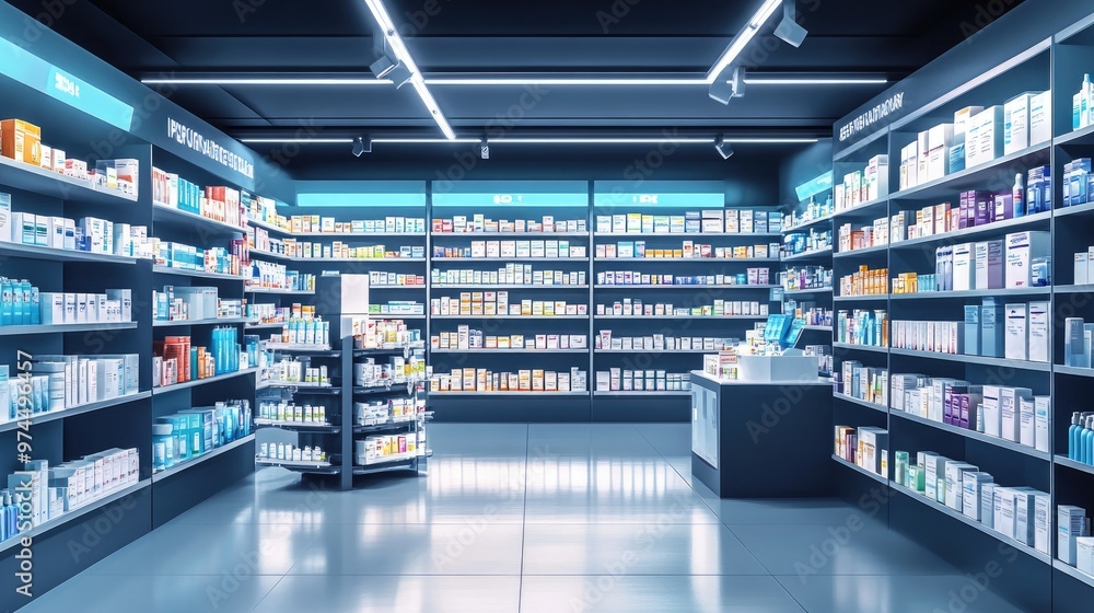 custom made wallpaper toronto digitalA modern pharmacy store featuring fully stocked drug shelves with a variety of health care products and medical supplies.